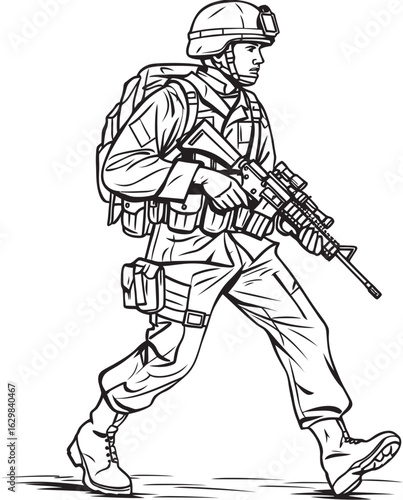 Black Silhouette Logo of Soldier Walking Armed Vector Icon of Soldier Walking with Weapon in Black