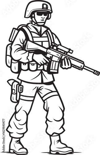 black and white soldier holding rifle clip art preview