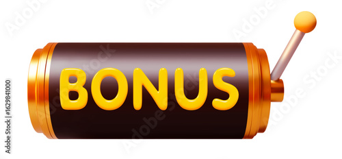 3d slot machine golden color with Bonus. Online casino. Mockup for banner casino. Gambling fortune chance. Gradient mesh. Stock vector illustration on isolated background.