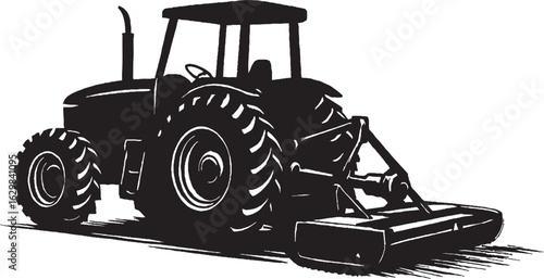 Black and White Silhouette of Tractor with Mower Attachment in Action on Isolated White Background