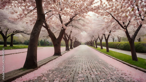 spring in the park, Park walkway lined with cherry blossom trees in full bloom, petals falling, soft pink and white colors, peaceful spring