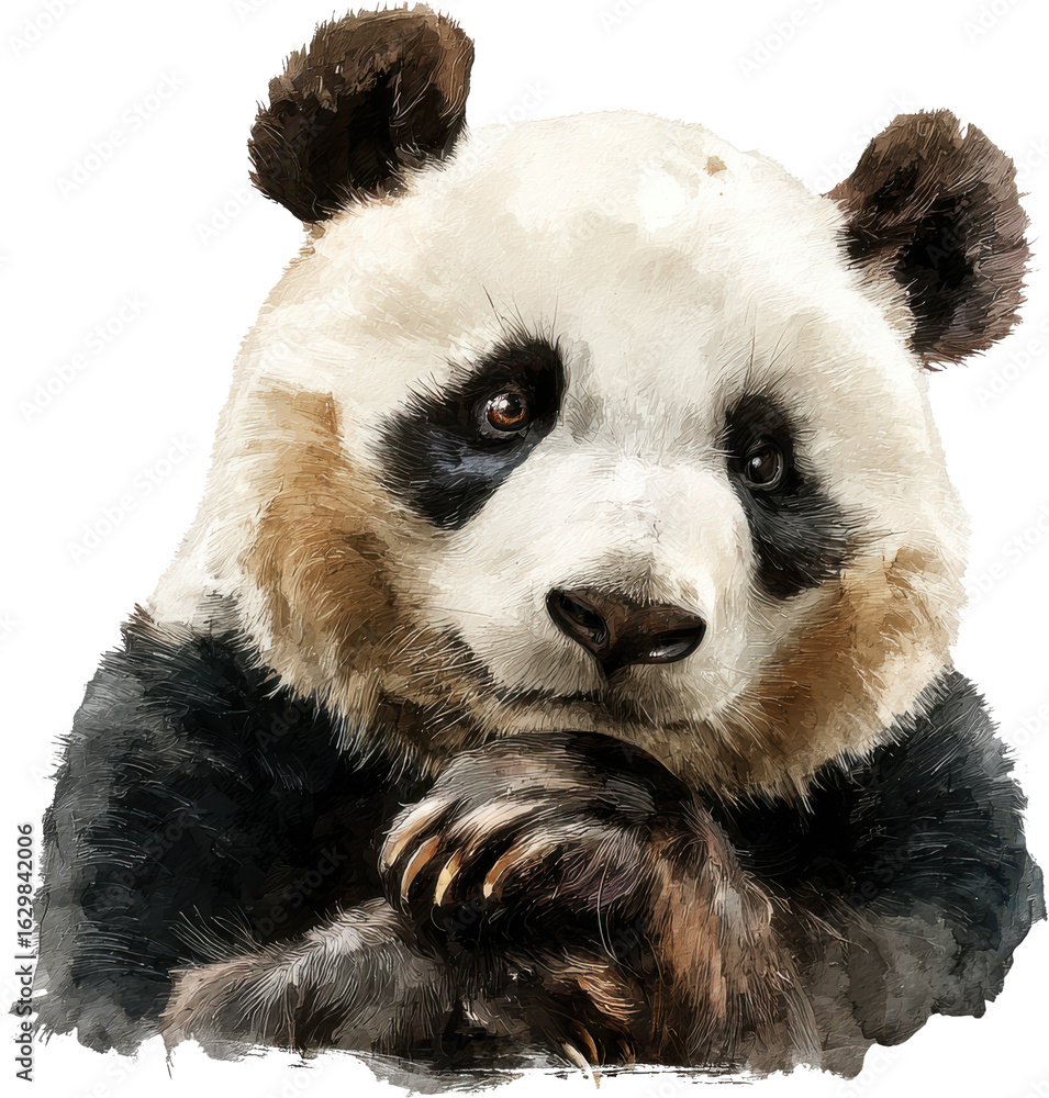 Fototapeta premium Adorable giant panda cub sitting and eating bamboo with soft fur texture