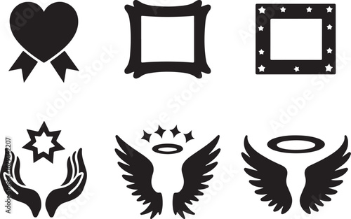 Icons: heart award, frames, hands holding star, angel wings