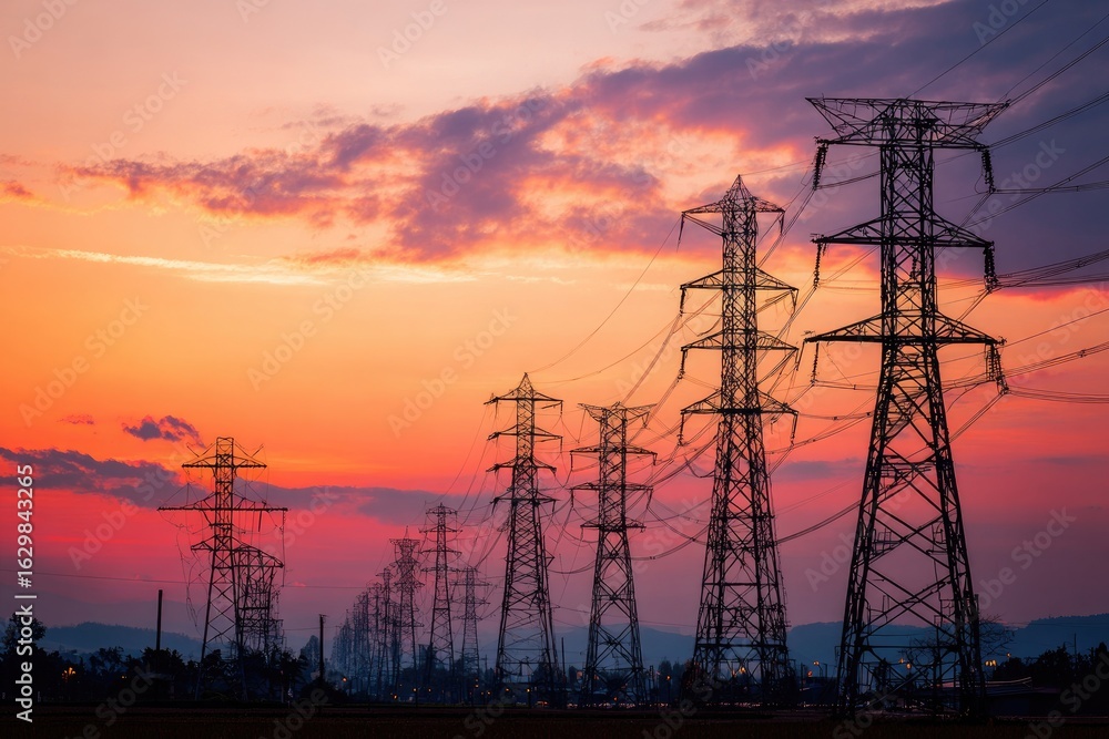 Fototapeta premium Silhouette of power lines at sunset