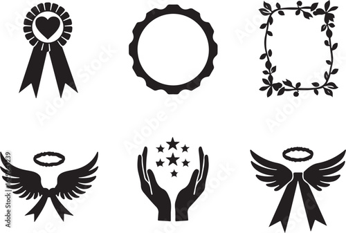 Elegant awards, frames, and angel wings icons for design