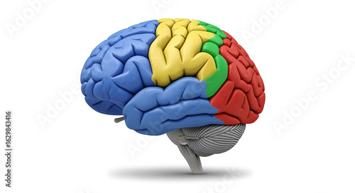 Brain anatomy model showing different lobes and functions for medical education and neuroscience study use
