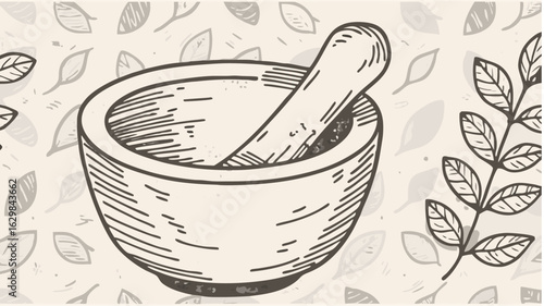 Illustration of a mortar and pestle with leaf background creating a natural remedy preparation scene silhouette