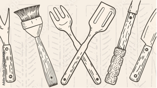 Illustration of a carving fork, basting brush, crossed forks, spatula, and cleaver on a patterned surface silhouette