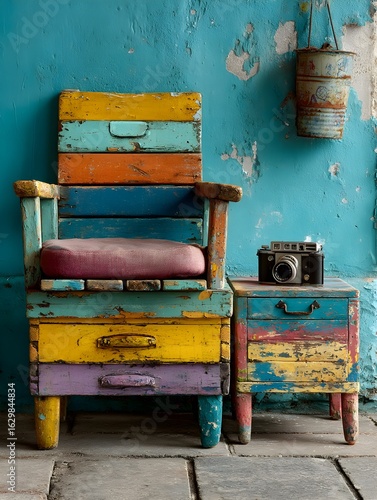 a chair with a camera on top of it in front of a b