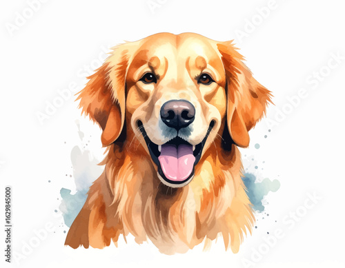 A cheerful golden retriever portrait, digitally painted in a watercolor style, showcasing its friendly expression and golden fur.