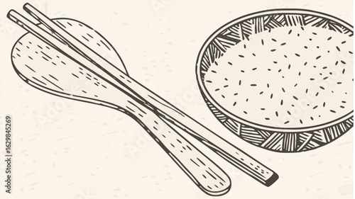 Illustration showing a bowl of rice with decorative rim and chopsticks and spoon resting on top of each other silhouette