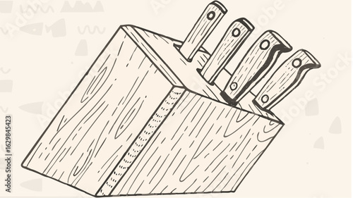 A wooden knife block filled with several knives with wooden handles and visible rivets in a kitchen setting silhouette