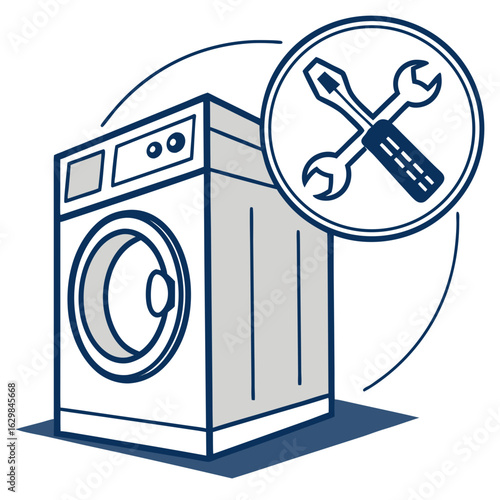 Washing machine line art illustration, blue and white, appliance repair symbol