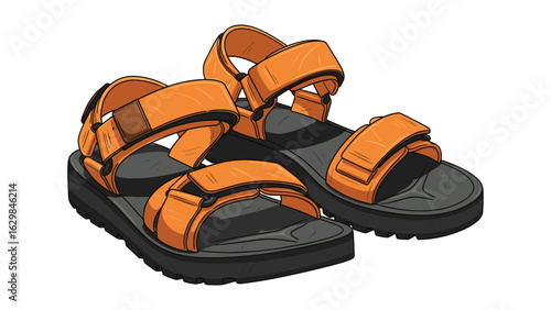 Detailed illustration of adjustable orange sandals with black soles on white background for