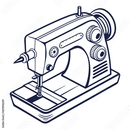 Line art sewing machine illustration, monochrome, crafting equipment