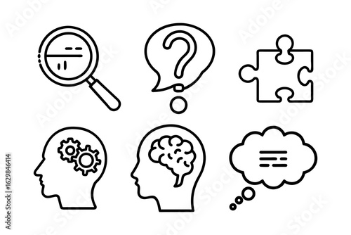 Data Analysis, Question Mark Bubble, Puzzle Piece, Brain Gears, Brain Thinking, and Thought Cloud Line Icons