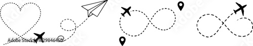 Airplane path vector icons set including heart shaped flight path, paper plane trail, infinity flight route, and map location lines, minimalist travel and transport concept perfect for logo, design, a