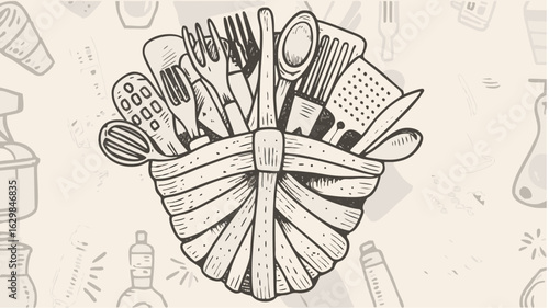 Illustration of kitchen utensils including spoons forks and knives in a holder with background drawings silhouette