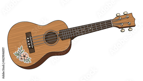 Illustration of a Light Wood Ukulele with Floral Decal for Musical Projects
