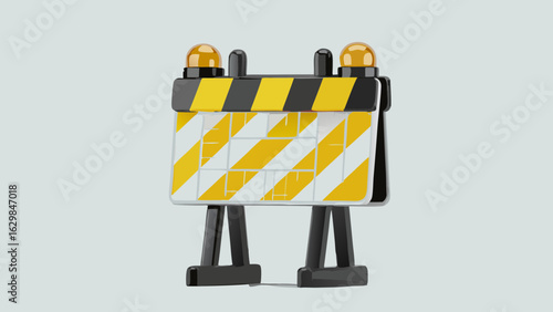 A construction barrier with yellow and black stripes and lights indicating road work ahead sign
