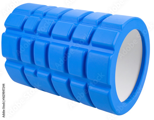 Blue textured foam roller for muscle recovery, physical therapy, and fitness training on transparent background