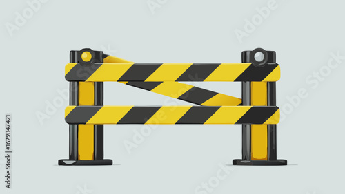 Illustration of a yellow and black striped barrier with two posts on a light gray background