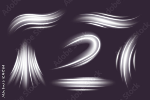 Air wind flow effect in 3D vector. White cool wave and cold fresh blow elements isolated on dark background. Abstract light swirl, ice breeze, air conditioner or fragrance, sparkle stream, smoke trail