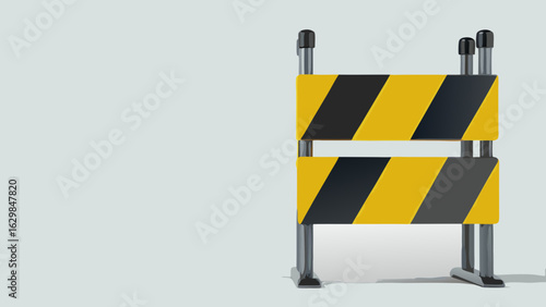 A yellow and black striped road barrier standing on a white surface with a plain white background scene
