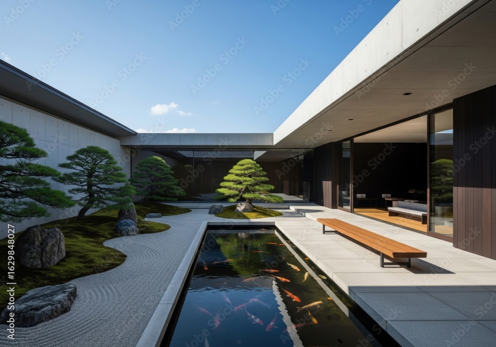 Fototapeta premium Modern Zen Garden With Koi Pond and Minimalist Architecture