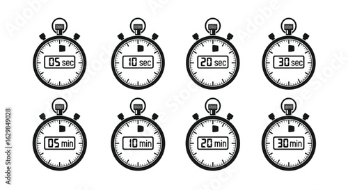 Vector illustration of illustration of collection of vintage stopwatch timers showing various times