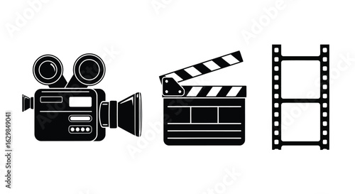 Vector illustration of illustration of film production icons camera, clapperboard, and film reel isolated on white background