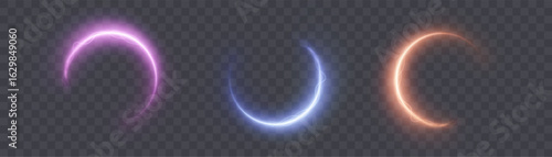 Bright multicolored light arcs with shimmer and neon glow on transparent background. Vector light effect for magic scenes, UI design and fantasy visualizations.