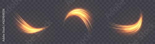 A set of glowing fire traces reminiscent of the effect of grinding or cutting metal. Bright light effect on a transparent background.