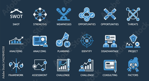 Vector illustration of illustration of collection of business strategy and analysis icons