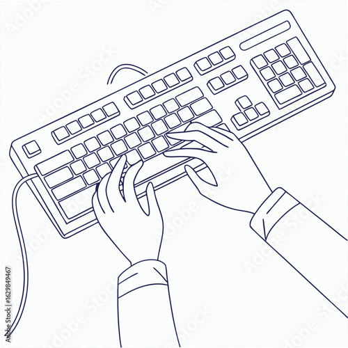Outline of hands typing on a computer keyboard with a cable technology
