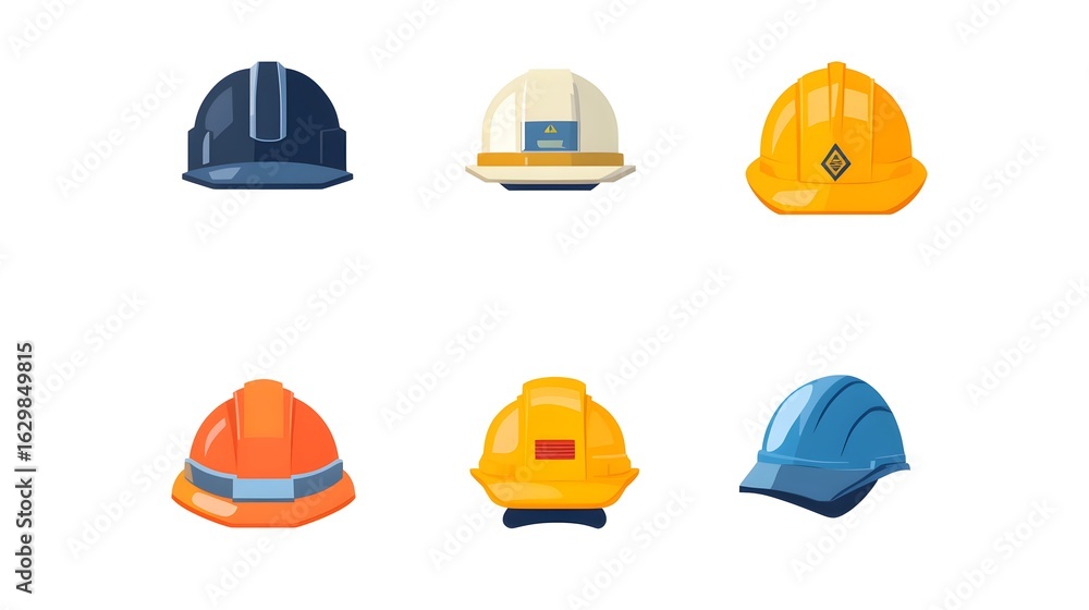 Fototapeta premium Digital illustration depicts three construction helmets: orange, yellow, and blue.