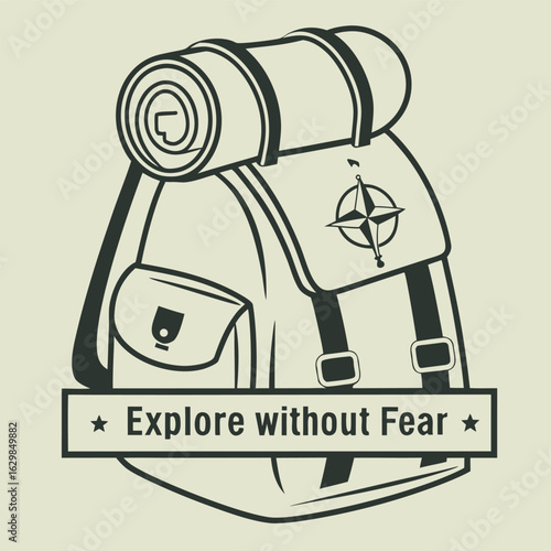 Illustration of a hiking backpack with a rolled sleeping bag secured on top suitable for outdoor adventure and travel themes