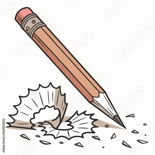 A sharpened pencil with pink eraser and wood shavings on a white background vector