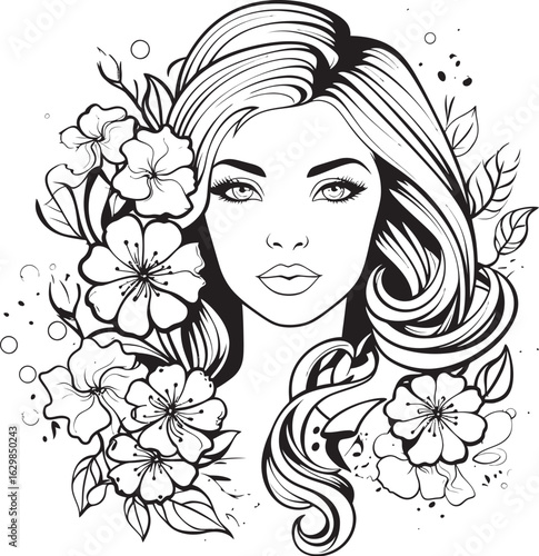 Woman Face and Petal Arrangement Vector Black Logo Icon Artistic Black Vector Logo of Woman Face with Blossoms