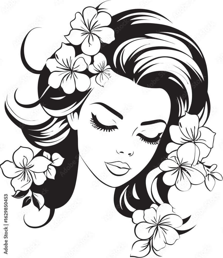 Feminine Face with Blooming Flowers Vector Black Icon Woman Face and Petal Decor Vector Black Design Logo Feminine Face with Blooming Flowers Vector Black Icon Woman Face and Petal Decor Vector Black Design Logo