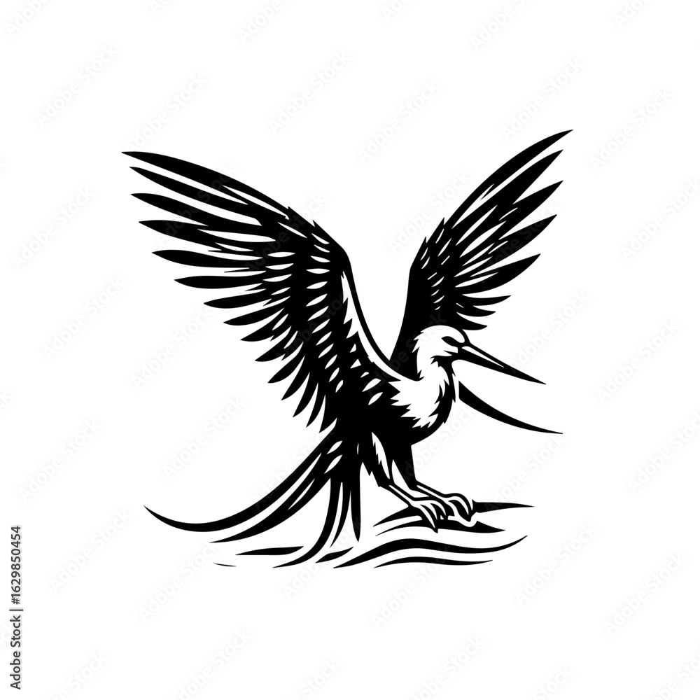 Fototapeta premium Silhouette of a tropical seabird with wings spread wide, isolated on white background