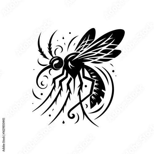 Stylized black and white illustration of a mosquito isolated on white background