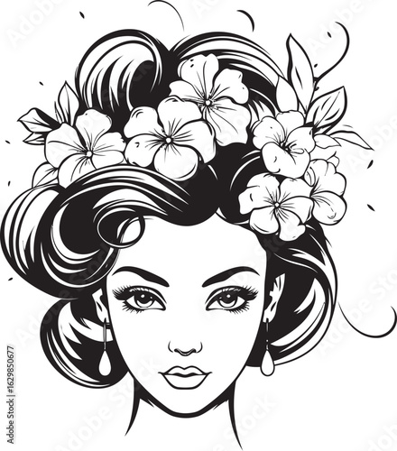 Black Vector Logo Featuring Woman Face and Botanical Trim Feminine Face with Petal Elements Vector Black Icon