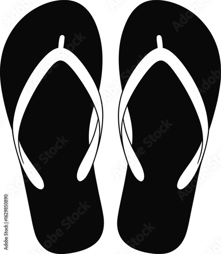 Simple black flip flops with white straps isolated on white background