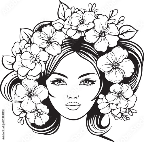Feminine Face with Flower Highlights Vector Black Design Woman Face and Petal Garland Vector Black Logo Icon