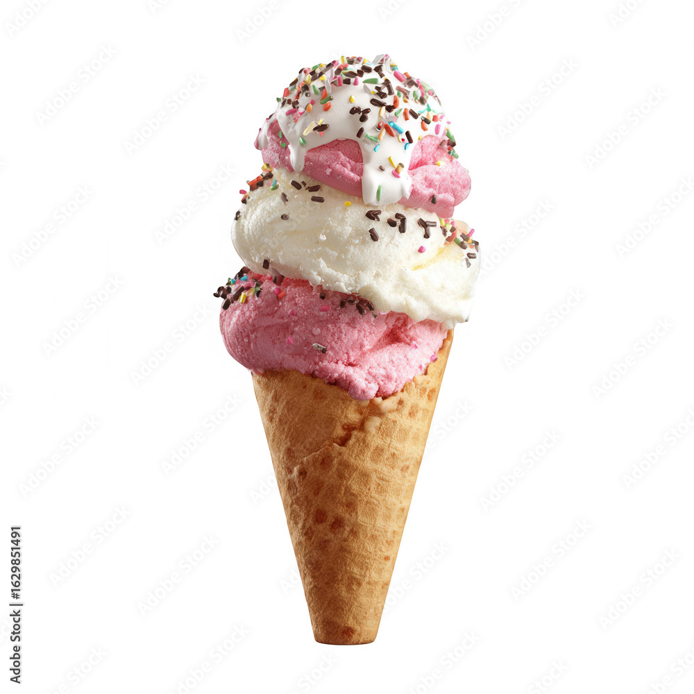 Three-scoop ice cream cone with strawberry, vanilla, and a swirl of strawberry and vanilla, topped with sprinkles in a waffle cone Three-scoop ice cream cone with strawberry, vanilla, and a swirl of strawberry and vanilla, topped with sprinkles in a waffle cone