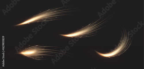 A set of glowing fire traces reminiscent of the effect of grinding or cutting metal. Bright light effect on a dark background.