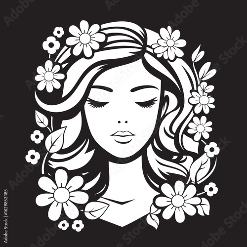 Artistic Feminine Portrait with Flowers Vector Black Design Woman’s Face with Blossoming Floral Adornments Black Vector Logo