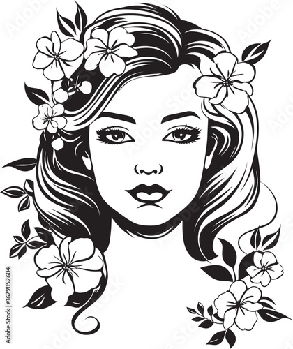 Feminine Face and Floral Highlights Black Vector Art Logo Woman’s Profile with Artistic Petal Decorations Vector Black Icon