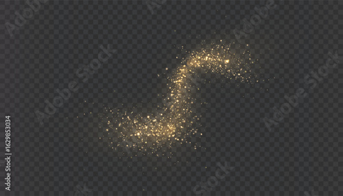 Golden sparkling trail with particles and bright glow on a dark background. Spectacular light trail for New Year's decor, magic scenes, fireworks, greeting designs and holiday effects.